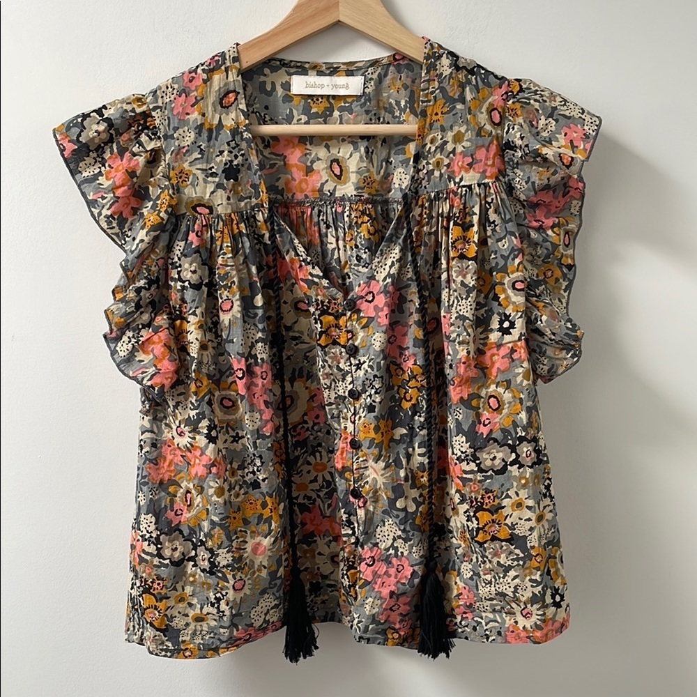 Anthropologie Bishop + Young Nadia Blouse Flutter Sleeve Top Floral Small S